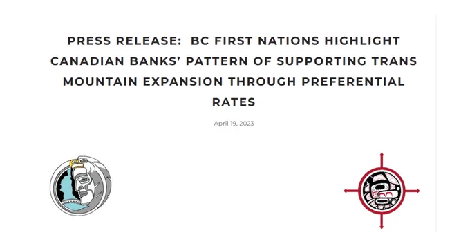 text in black font reading: "Press Release:  BC First Nations highlight Canadian banks’ pattern of supporting Trans Mountain Expansion through preferential rates"

Tsleil-Waututh Nation Sacred Trust initiative logo and U B C I C logo on right