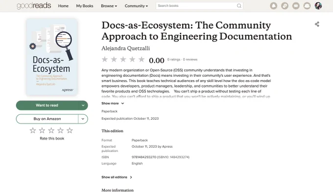 Screenshot of the Goodreads listing for my upcoming new book, "Docs-as-Ecosystem: The Community Approach to Engineering Documentation." 