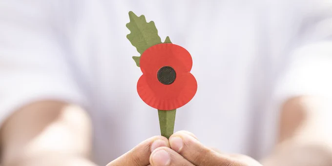A person in the background of the image holds a plastic-free poppy in two hands by the bottom of the green paper stem. 