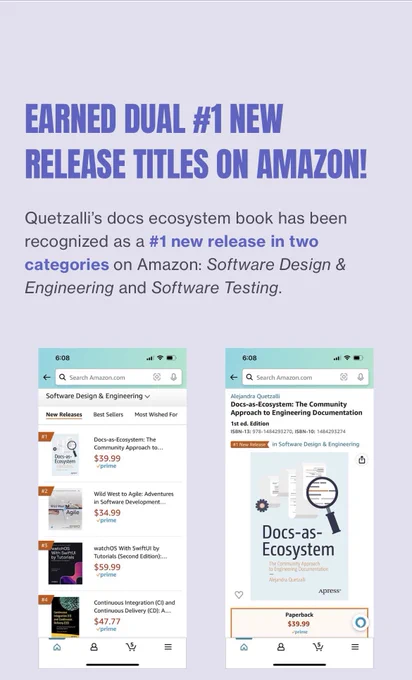 EARNED DUAL #1 NEW RELEASE TITLES ON AMAZON!
Quetzalli’s docs ecosystem book has been recognized as a #1 new release in two categories on Amazon: Software Design & Engineering and Software Testing.