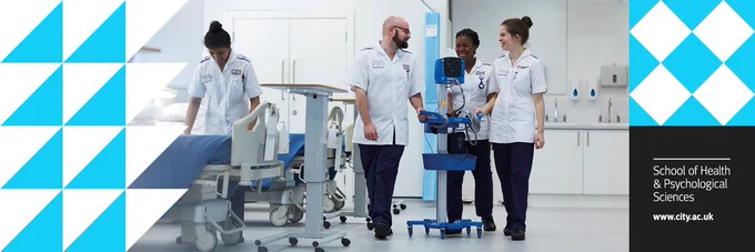 School of Health & Psychological Sciences trainee nurses  in a training ward on campus- example image branded with the School of Health & Psychological Sciences logo.