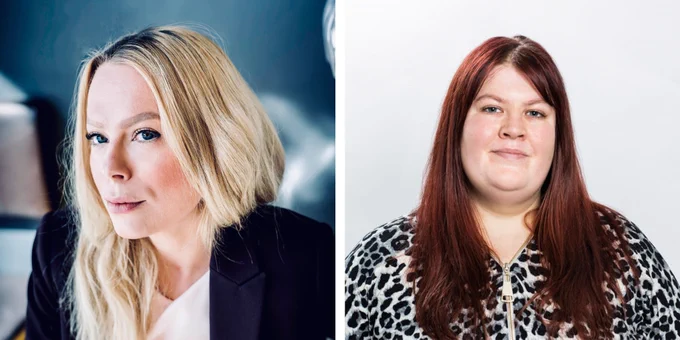 Porträttbilder på Anna Quarnström och Therese Wappsell som nomineras till Rådet för de mänskliga rättigheterna. Anna har långt ljust hår och Therese har långt brunrött hår. De tittar båda in i kameran med lite allvarliga miner.