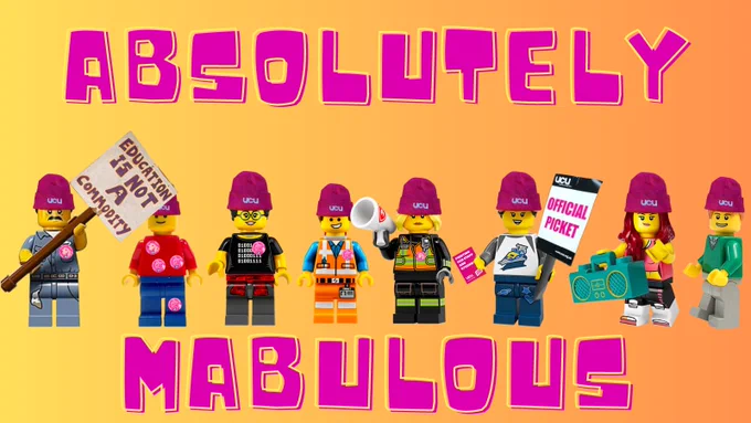 Absolutely MABulous (Marking & Assessment Boycott). Little picket line of lego figures with hot pink ucu beanies