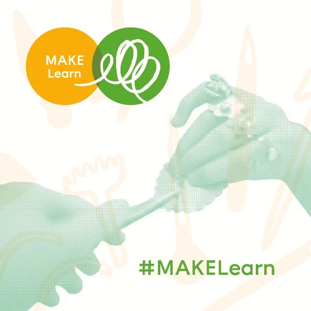 The MAKE Learn logo and hashtag #MAKELearn with two hands in green and doodles of tools.