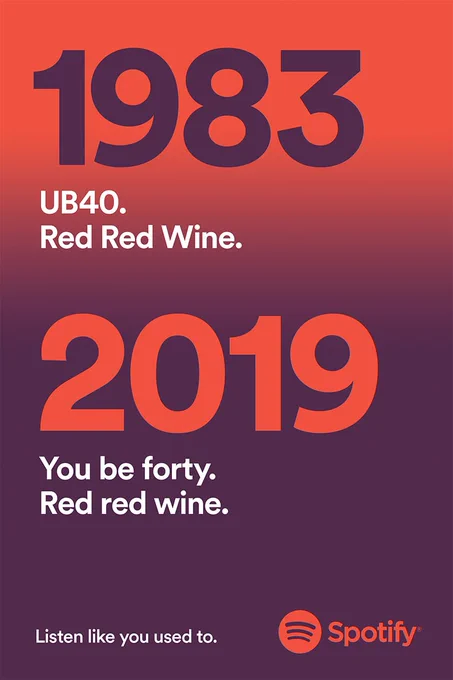 1983
UB40.
Red Red Wine.

2019
You be forty.
Red red wine.

Spotify
Listen like you used to.