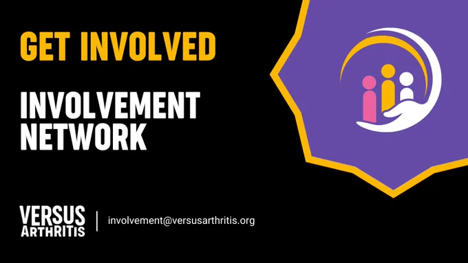 A black graphic with the words 'Get Involved and Involvement Network' displayed. The post encourages people with arthritis to join our involvement network to help shape our work.