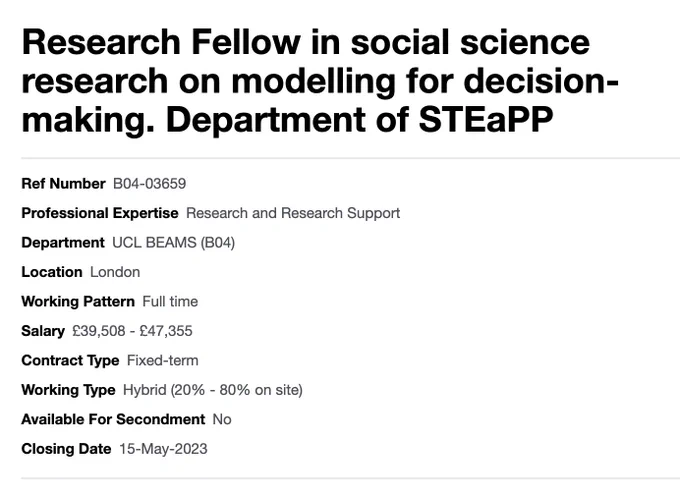 Screenshot of job listing for Research Fellow in social science research on modelling for decision-making at the UCL Department of Science, Technology, Engineering and Public Policy, noting the reference number B04-03659, full time fixed-term contract with hybrid working option, salary in range £39508-£47355