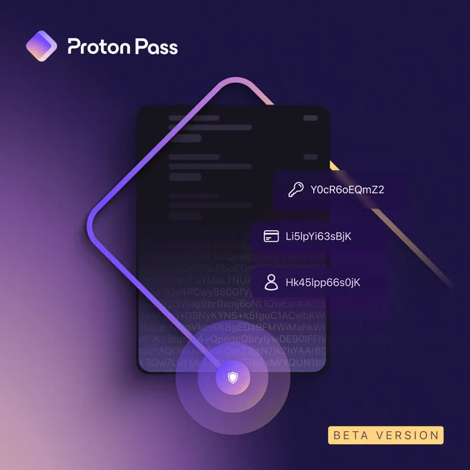 The Proton Pass logo with encrypted login in fields and the words "beta version" on it.