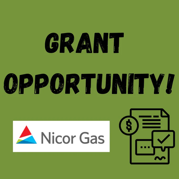 Green Background black text: Grant Opportunity!. Nicor Gas Logo. Black outline design of a paper with text bubbles
