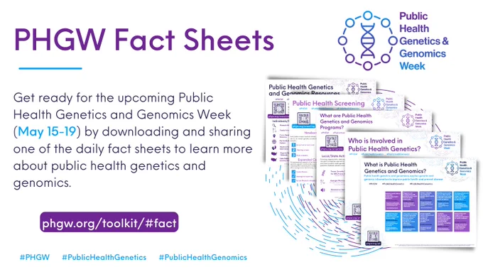 Images: PHGW logo, screenshots of the daily fact sheets

Text: PHGW Fact Sheets; Get ready for the upcoming Public Health Genetics and Genomics Week (May 15-19) by downloading and sharing one of the daily fact sheets to learn more about public health genetics and genomics.; phgw.org/toolkit/#fact; #PHGW #PublicHealthGenetics #PublicHealthGenomics