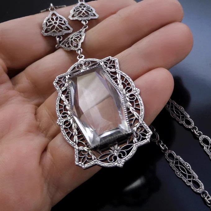 ART DECO Sterling CRYSTAL Necklace, Fancy Filigree Pendant and Chain, Authentic Antique Womens Jewelry, Bridal Wedding Gift Her