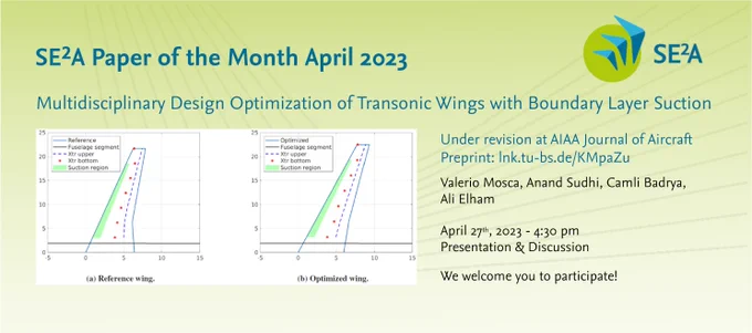 SE²A Paper of the Month April 2023
"Multidisciplinary Design Optimization of Transonic Wings with Boundary Layer Suction"
Valerio Mosca, Anand Sudhi, Camli Badrya, Ali Elham
April 27th, 2023 - 4:30 pm 
Presentation & Discussion
We welcome you to participate!

