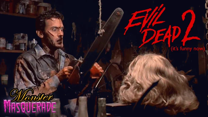 a scene from the evil dead 2 with Ash holding a chainsaw. the evil dead 2 logo is in the top right corner