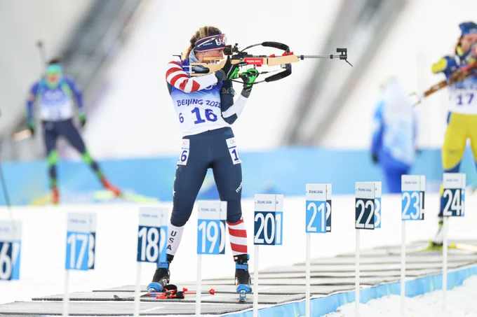 Michigan Tech alumna Deedra Irwin takes aim at a biathlon target during the 2022 Winter Olympics in Beijing, China.