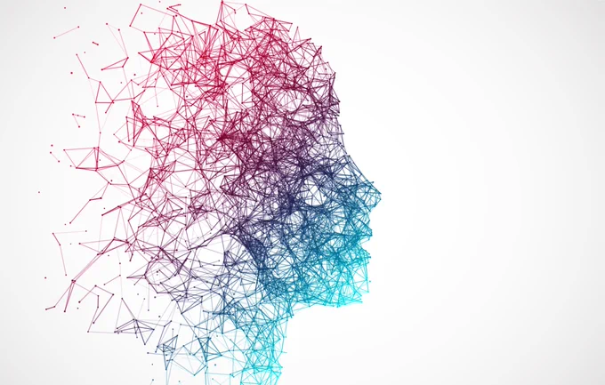 Profile of a face with a network of colorful lines, symbolizing technologies and artificial intelligence.