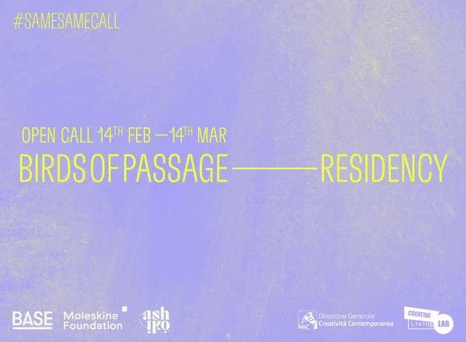Title card for Bird of Passage residency on neon yellow letters on an exposed lavender hand-painted background.