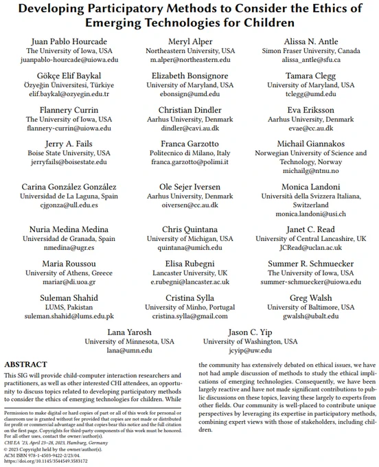 Snapshot of first page of "Developing Participatory Methods to Consider the Ethics of Emerging Technologies for Children" extended abstract, from https://dl.acm.org/doi/10.1145/3544549.3583172