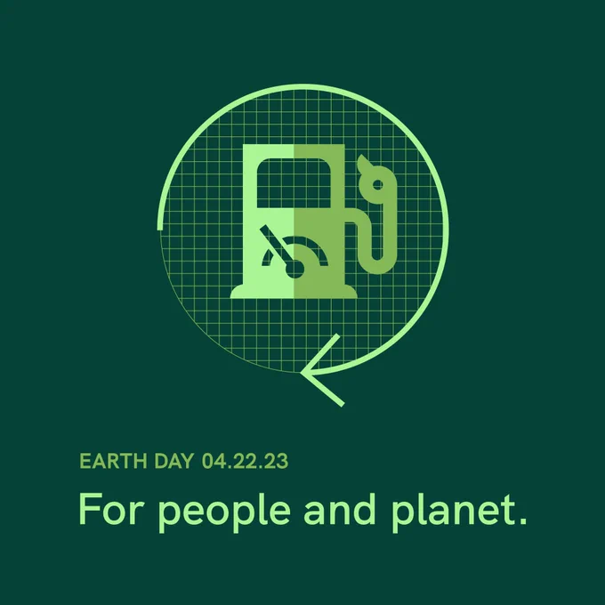 Reads, "Earth Day April 22, 2023. For people and planet." with an empty diesel tank above the words.
