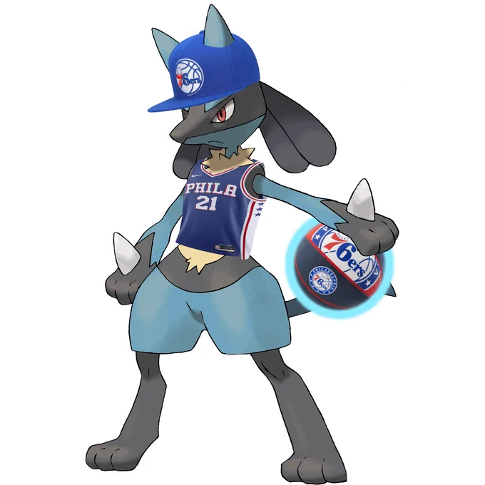 Lucario with Philadelphia 76ers hat, jersey, and ball.