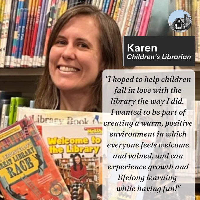 Photo of woman in library with her name and title and quote about why she became a librarian.