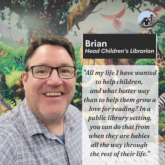 Photo of man in library with his name and title and quote about why he became a librarian.