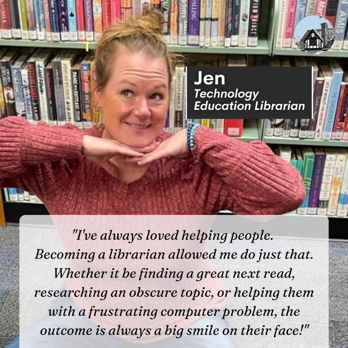 Photo of woman in library with her name and title and quote about why she became a librarian.