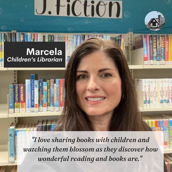 Photo of woman in library with her name and title and quote about why she became a librarian.