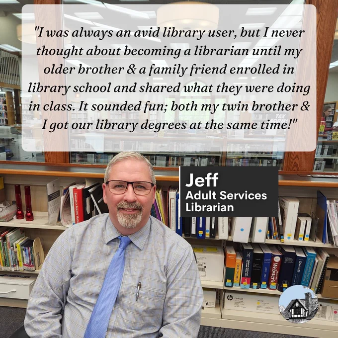 Photo of man in library with his name and title and quote about why he became a librarian.