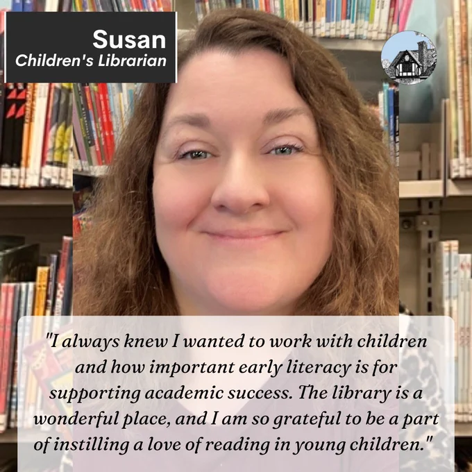 Photo of woman in library with her name and title and quote about why she became a librarian.