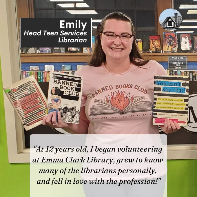 Photo of woman in library with her name and title and quote about why she became a librarian.