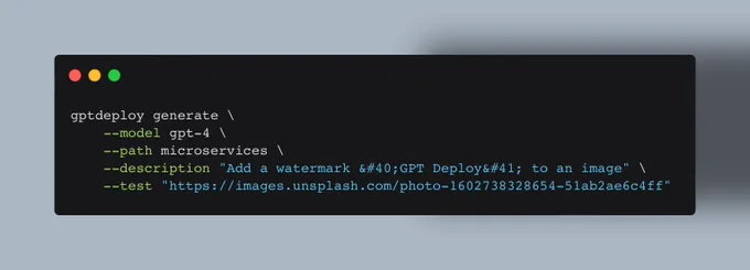 GPT Deploy command to generate a micro service adding watermarks to your images