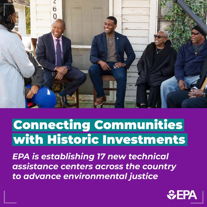 Photo of people smiling. Text: Connecting Communities with Historic Investments. EPA is establishing 17 new technical assistance centers across the country to advance environmental justice