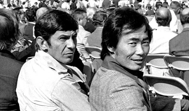 Leonard Nimoy and George Takei at the launch of the Space Shuttle Enterprise, 1976. 