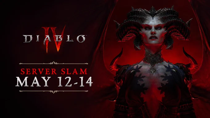 Diablo 4's Lilith stares out from a black background. Nearby is a Diablo 4 logo and underneath text reads, Server Slam. May 12-14.