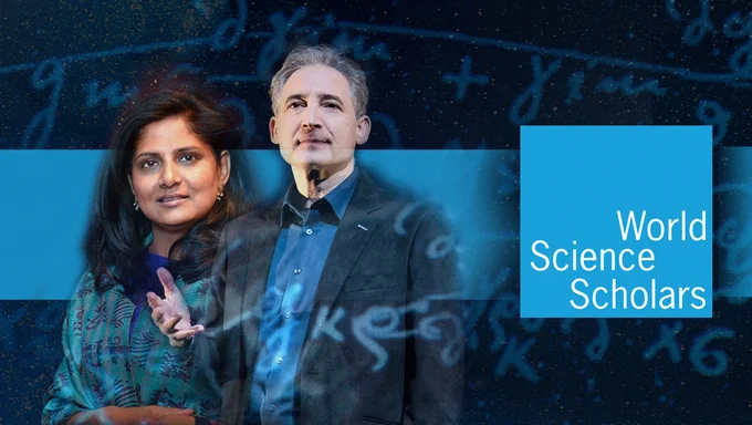At left, Professors Brian Greene and Priyamvada Natarajan stand in front of a dark background with mathematical text written on it. A blue and white World Science Scholars logo is at right.