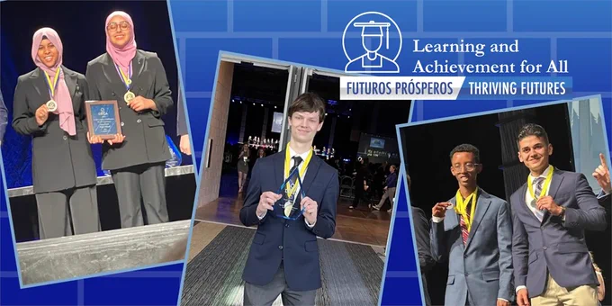 Collage of five students holding awards from the state conference of Distributive Education Clubs of America (DECA)