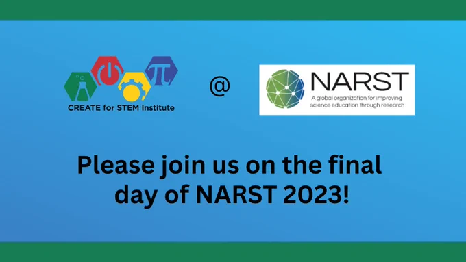 CREATE logo; NARST logo; Please join us on the final day of NARST 2023!