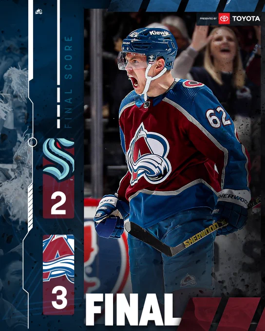 Final Score of Game 2 vs. Seattle.

Kraken 2. Avalanche 3.

Presented by Toyota.