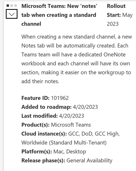 Screenshot of Microsoft roadmap ID 101963