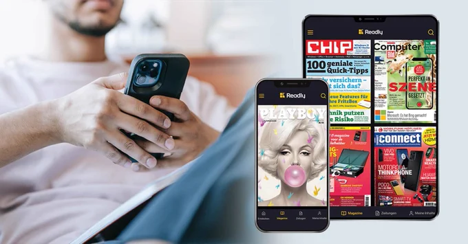 Grafik zeigt Person mit iPhone sowie Readly-App auf iPhone und iPad.