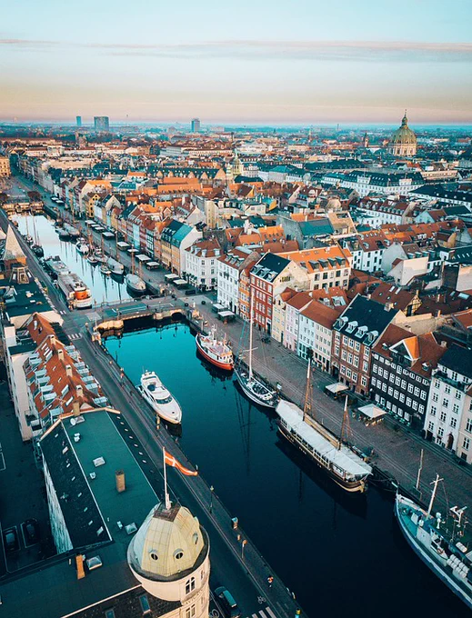 Bird's eye view of Copenhagen, with a canal full of boats taking the centre stage