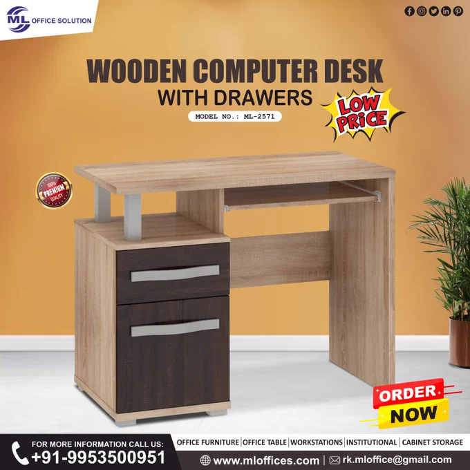 Wooden Computer Desk with Drawers