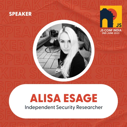 Graphic image with a portrait of Alisa Esage, and JSConf India logo highlighting Alisa as the speaker for JSConf India 2023