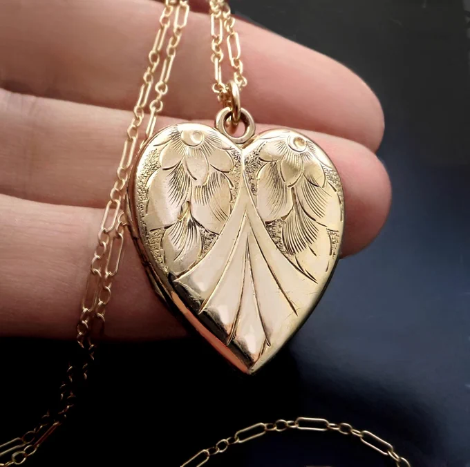 BLISS BROS Antique HEART Locket, 10K Gold Filled Pendant Necklace, Long 24.5" Paperclip Chain, Mothers Day Lockets