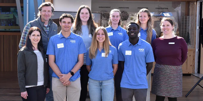 Civil Engineering students and advisors from the Boise State ASCE Chapter pose with American Wood Council's Vice President of Communications Heather Stegner, bottom left. 