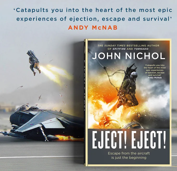the cover of john's ejection seta book and a photo of a pilot ejecting from a burning jet on the runway