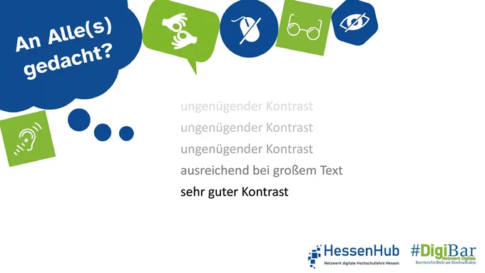 Textdarstellung in 5 verschiedenen Grauabstufungen auf weißem Hintergrund, die von hellgrau immer dunkler bis hin zu schwarz gehen. In den 3 hellsten Tönen steht "ungenügender Kontrast", in dunkelgrau steht "ausreichend bei großem Text" und in schwarz steht "sehr guter Kontrast".