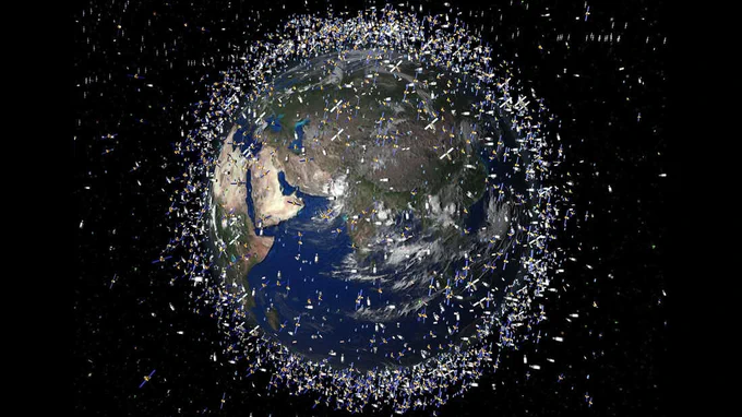 Computer-generated artists impression of Earth with 12,000 objects orbiting it. 
