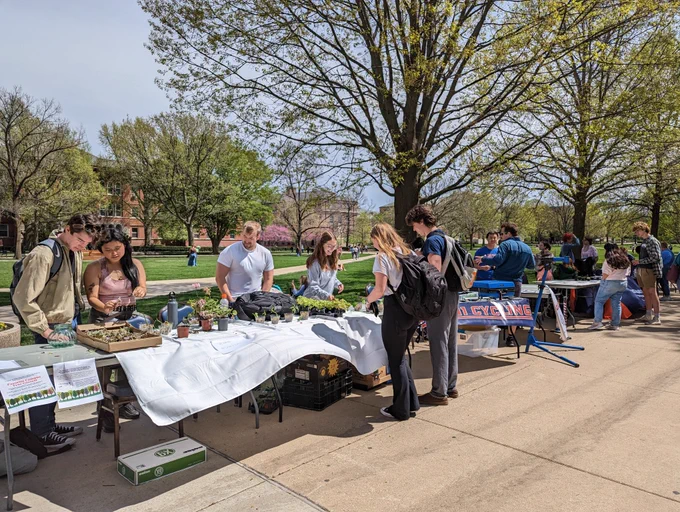 Photo of students looking over a table with plants and other tables at Green Quad Day. Credit: iSEE Communications