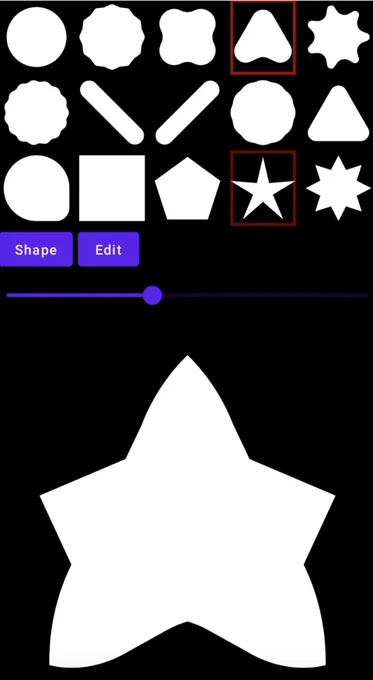 Mid-morph animation from the triangle-ish shape to the star. Note how the features map to each other, minimizing artifacts that might otherwise occur from ignoring features and basing the morph purely on curve proximity.